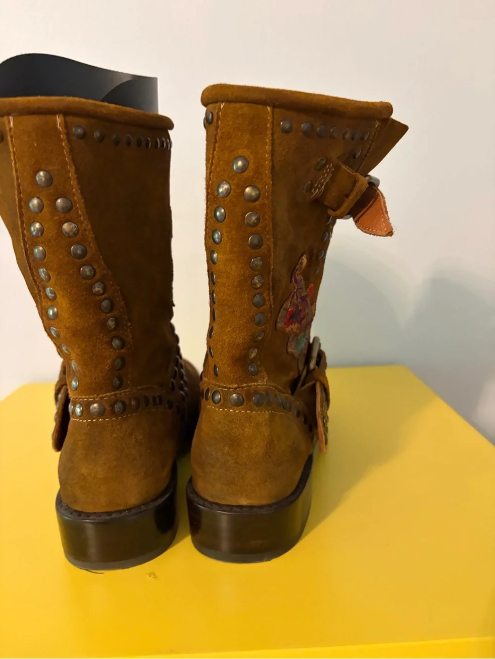 Frye Brown Suede Embroidered Ankle Boots with Multicolor Floral Accents - Picture 3 of 5